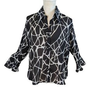 Sere Nade Blouse Top Women's Medium Black White Button Down Sheer Long Sleeve